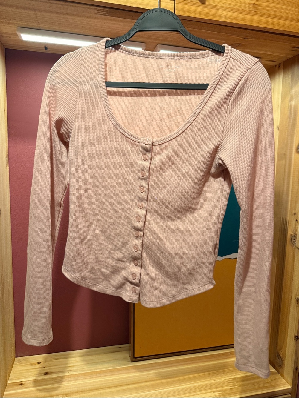 American Eagle Outfitters Pink Ribbed Button-Front Long Sleeve Top